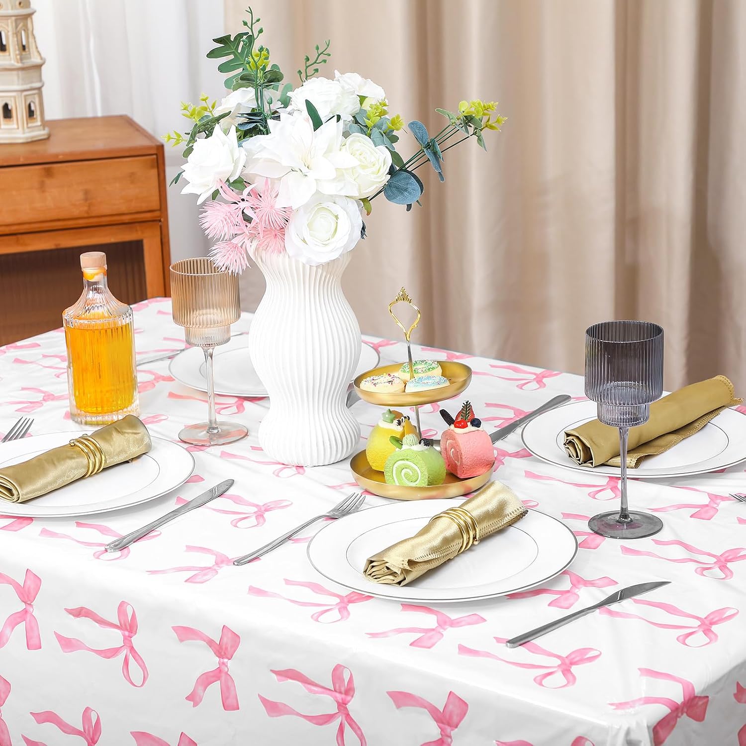 Oudain 3 Pcs Pink Bow Table Cloth 54 x 108 Inch Coquette Bow Table Cover Rectangle Pink Tablecloth Disposable Tablecovers Coquette Party Decorations for Wedding Engagement Bridal Birthday Decor