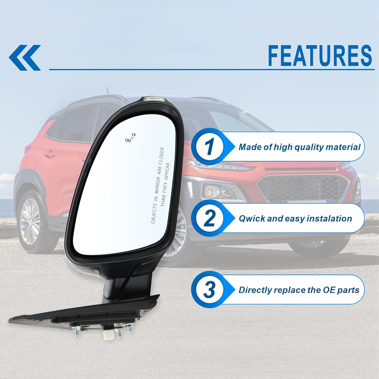 Right Passenger Side Mirror Compatible With 2018 2019 2020 2021 2022 2023 Hyundai Kona With Power Glass Manual Folding Heated Turn Signal Blind Spot Black Replace#87620J9130(8ins)