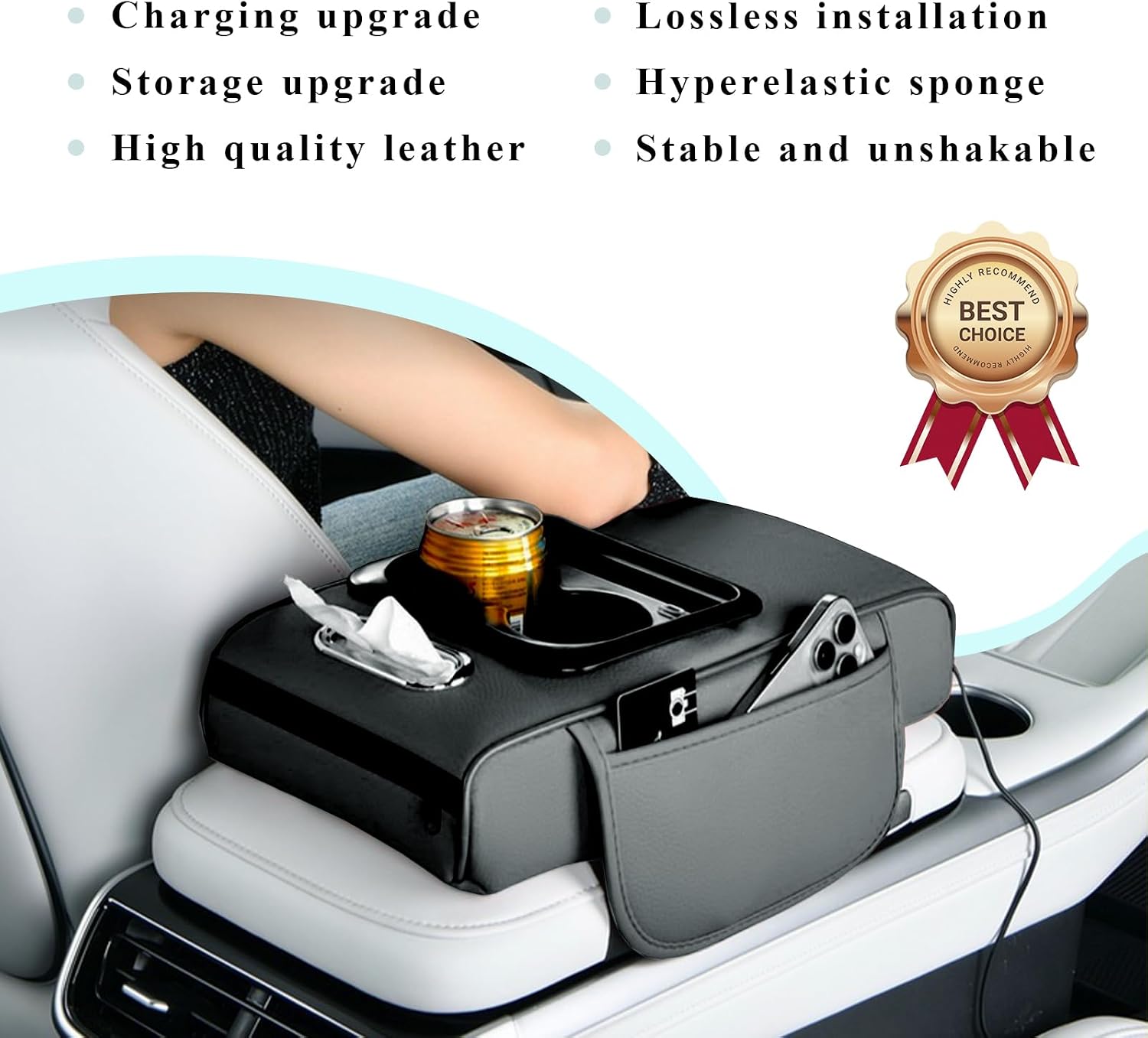 Car arm Rest Cover Pad (Upgraded Type-C), 5-in-1 Center Console Cover with Cup Holder, Tissue Box Slot, Mobile Phone Storage Slot, Suitable for Most Car Console Organizer , 13.8''x7.1''x3.0'', (Black)