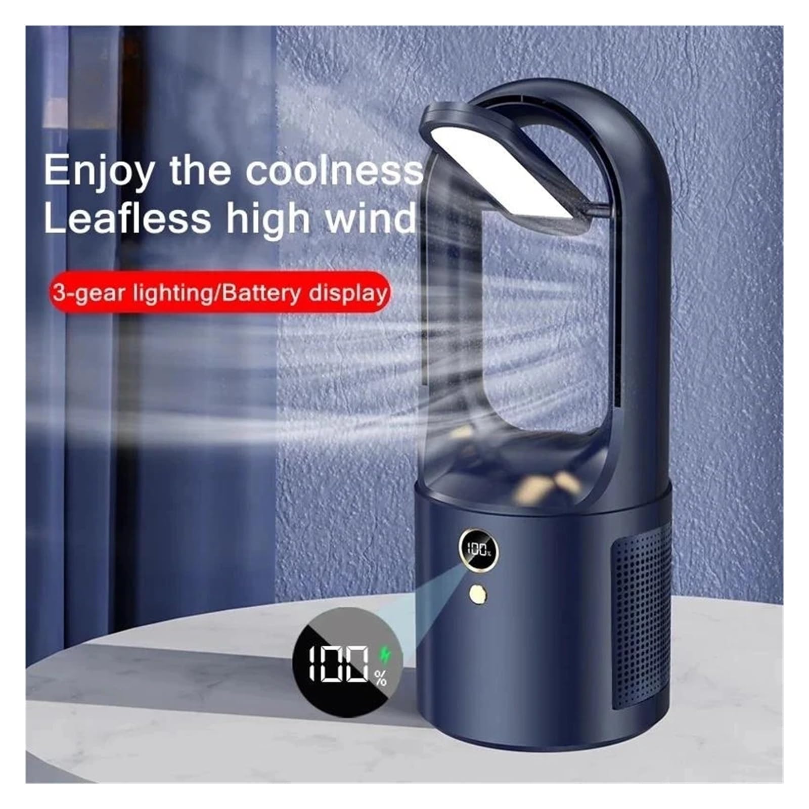 BezłOpatkowy Wentylator Biurkowy Do Użytku Domowego Elektryczny Bezłopatkowy Wentylator Stołowy Z Ładowaniem USB Przenośny Bezprzewodowy Mini Wentylator Chłodzący Ultra Cicha Lampka Nocna LED(Blue ban