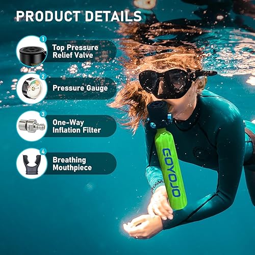 Miniatura 2 de GOYOJO 0.5L Mini Scuba Tank, Portable Divng Lung Tank Emergency Air Supply for Snorkeling, Diving & Shallow-Water Activities, 5-8 Mins Breathing