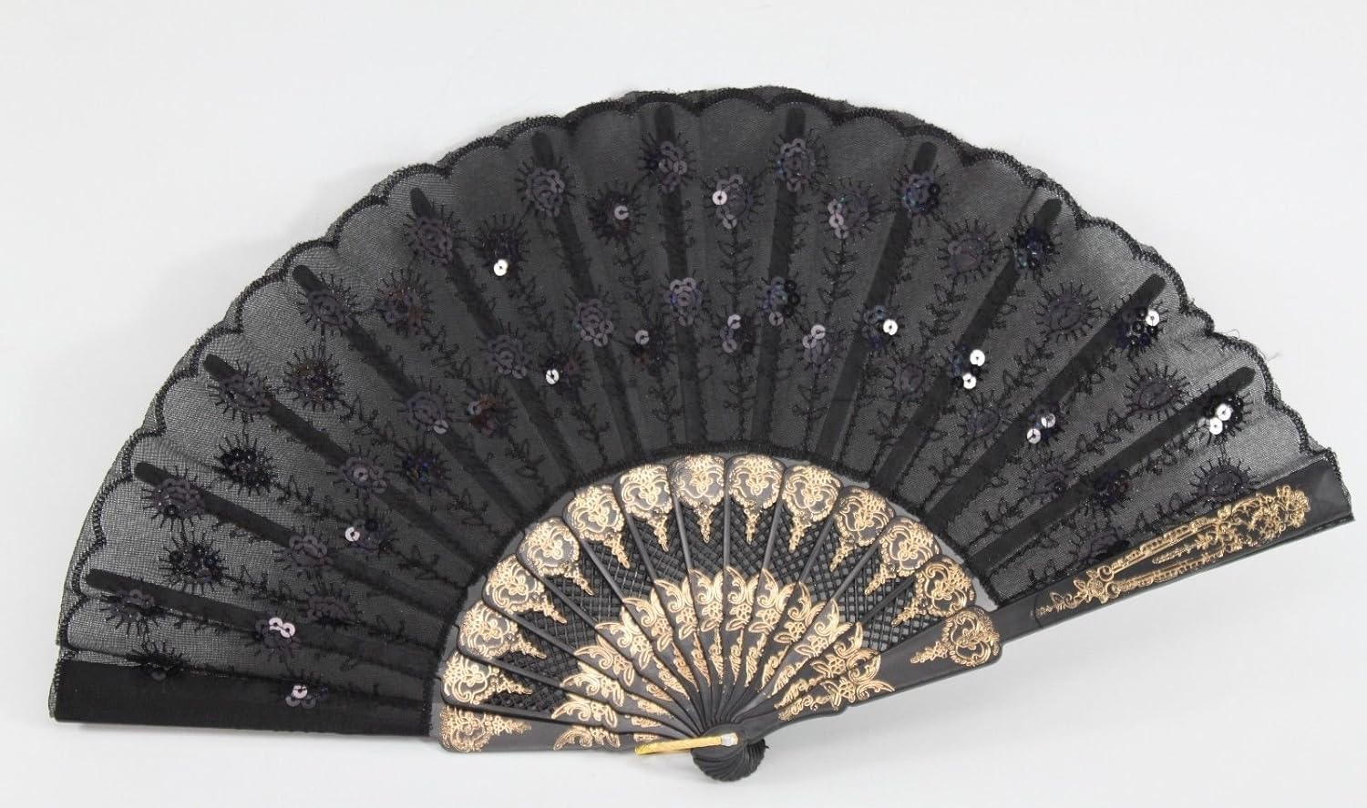 W Set of 10 Black Chinese Japanese Lace Floral Folding Hand Pocket Fans