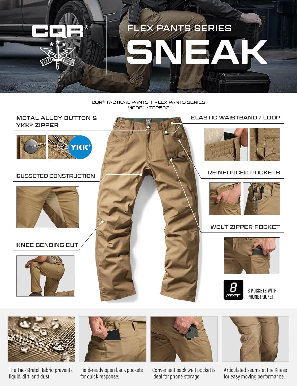 CQR Men's Flex Stretch Tactical Pants, Water Resistant Ripstop Cargo Pants, Lightweight EDC Outdoor Work Hiking Pants - Image 7