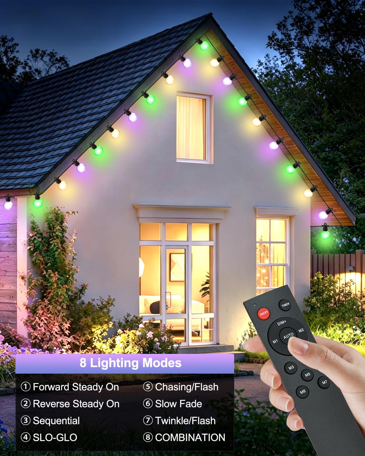Cadena de luces LED para exteriores, luz blanca cálida y cambio de color, 15 m, 24 bombillas, 8 modos, cadena de luces para exteriores con mando a distancia, IP68 G40, cadena de luces para