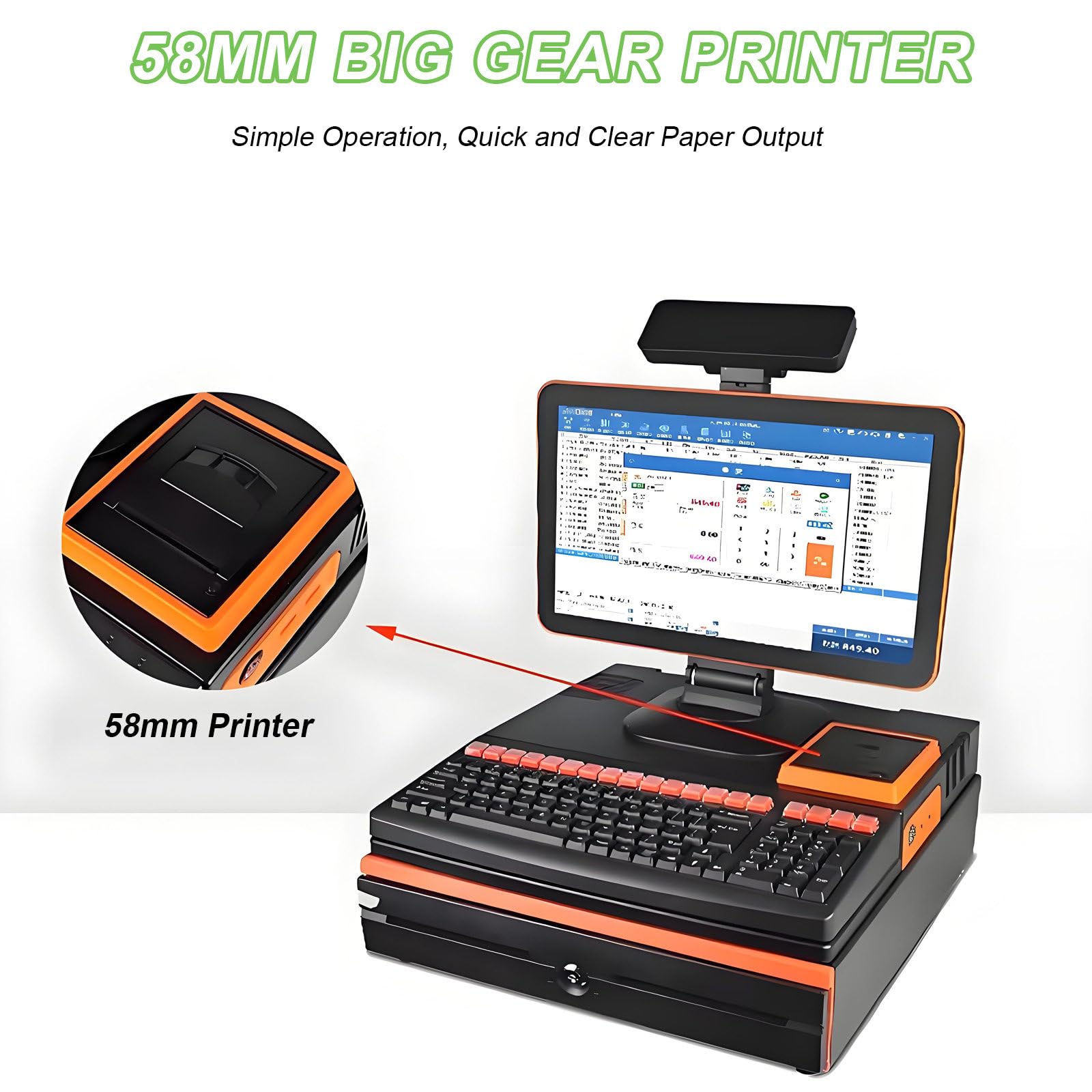 Écran Tactile 15,6 Pouces, Caisse enregistreuse, Clavier, imprimante intégrée 58 mm, Pack Complet, Terminal de Point de Vente, système de Caisse enregistreuse pour Entreprises. Orange
