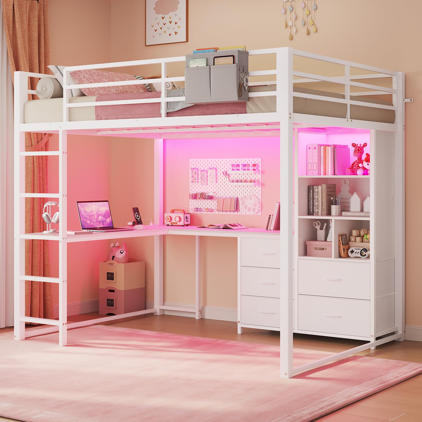 adorneve full size loft bed with l desk, 5-tier bookshelf, 5 storage drawers, led metal loft bed with power outlet, loft beds with safety guardrail & ladders, no box spring needed, white ( incomplete: only box b )