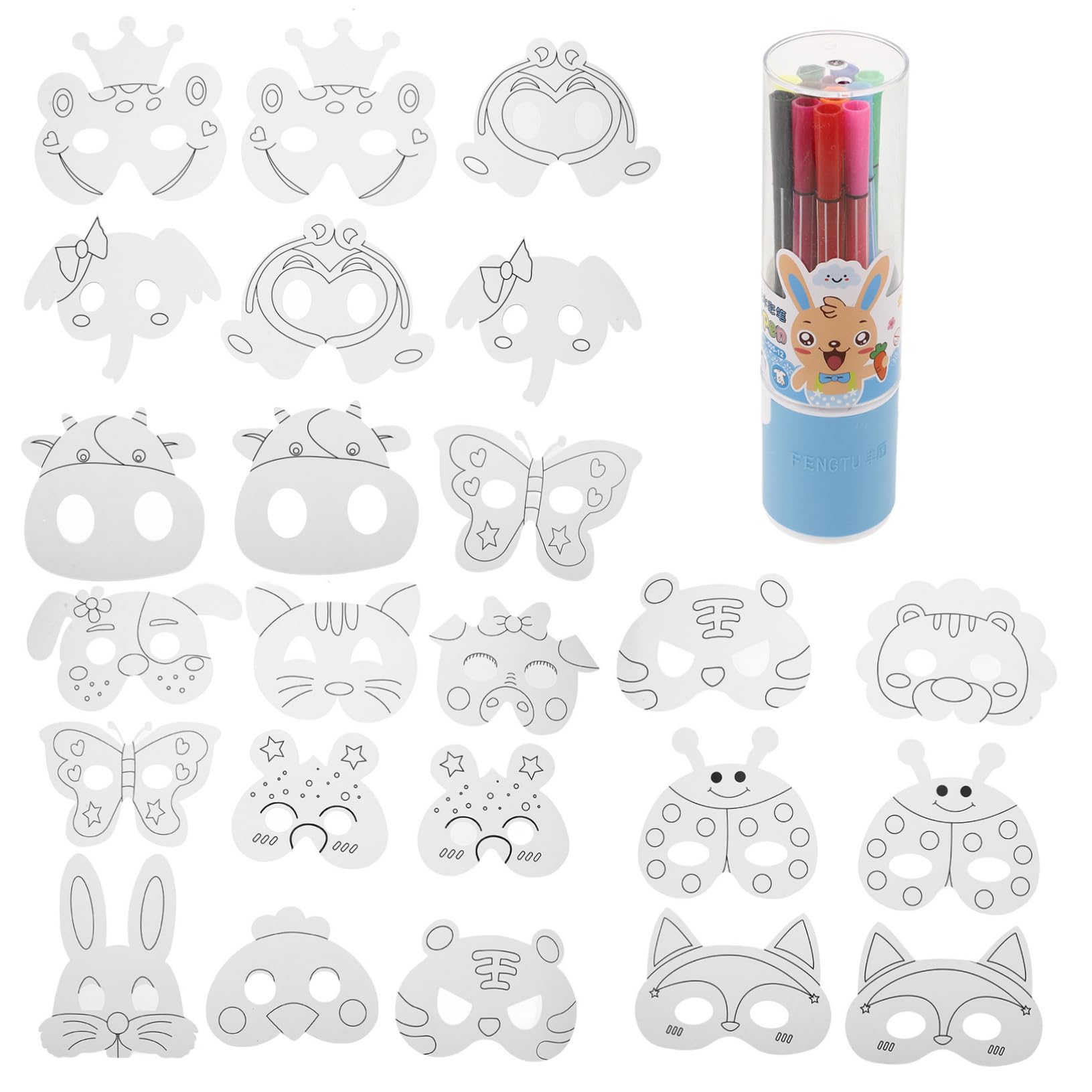 YARNOW Set di Maschere di Carta per Bambini con Pig Mask da Colorare, 24 Pezzi con 12 Pennarelli Acquerello per Maschere di Animali, per Spettacoli Teatrali e Sviluppo Stile Casuale