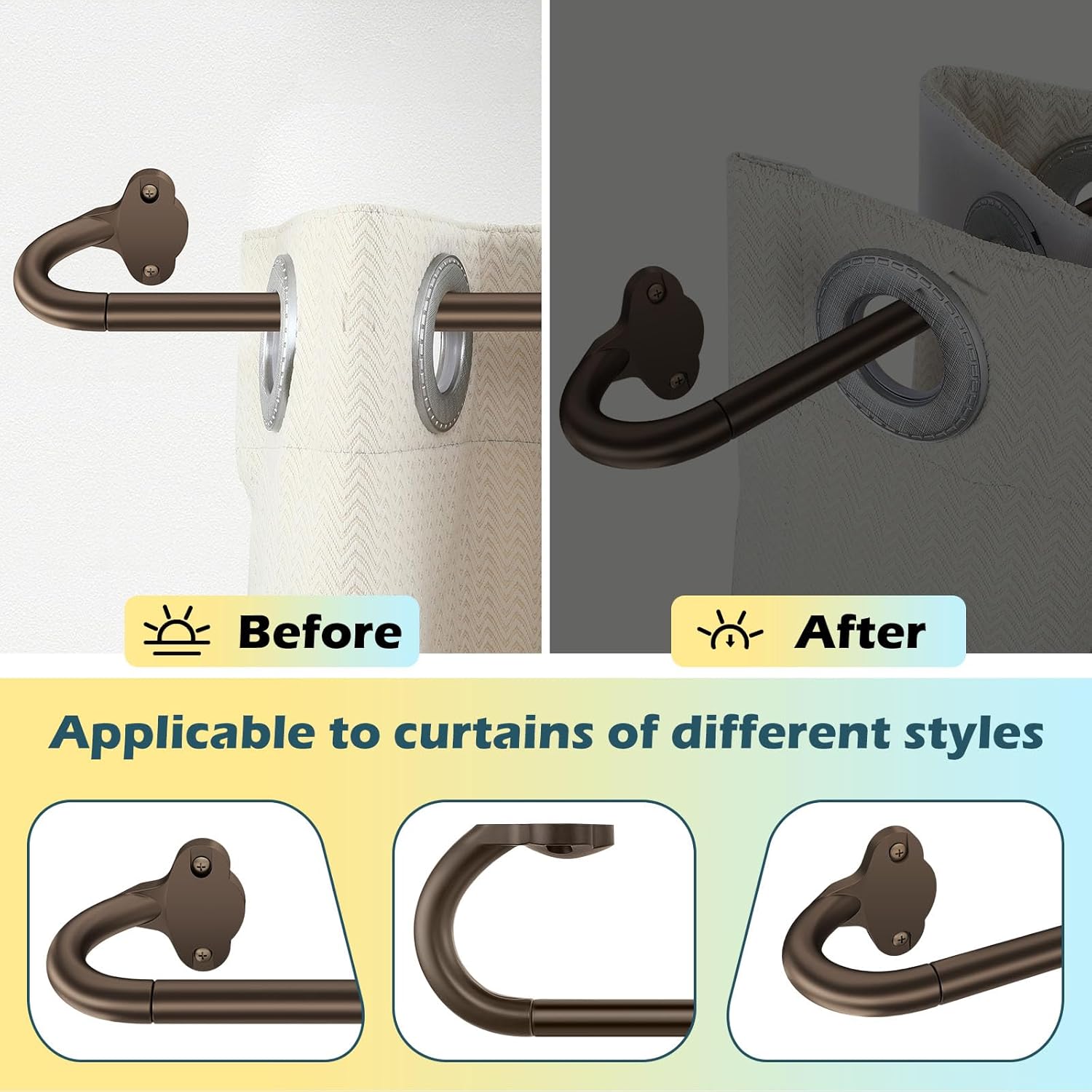 Wrap Around Blackout Curtain Rod 16-28 Inch (1.3-2.3 Ft), 5/8" Adjustable Curved Window Rod for Room Darkening, Modern Single Drapery Rod for Door Windows, Brown, 2 Pack
