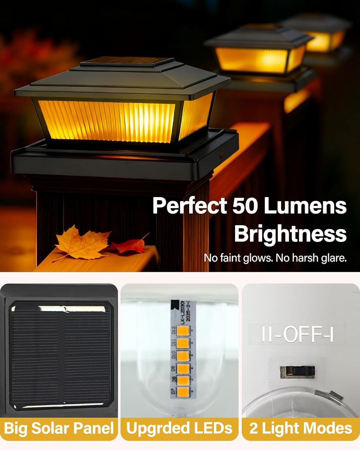 Solar Post Cap Lights Outdoor for 4x4 5x5 6x6 Wood/Vinyl Posts, 12 Pack Fence Post Solar Lights with Flickering Flame & Warm Modes for Deck/Garden/Patio, IP65 Waterproof - Black