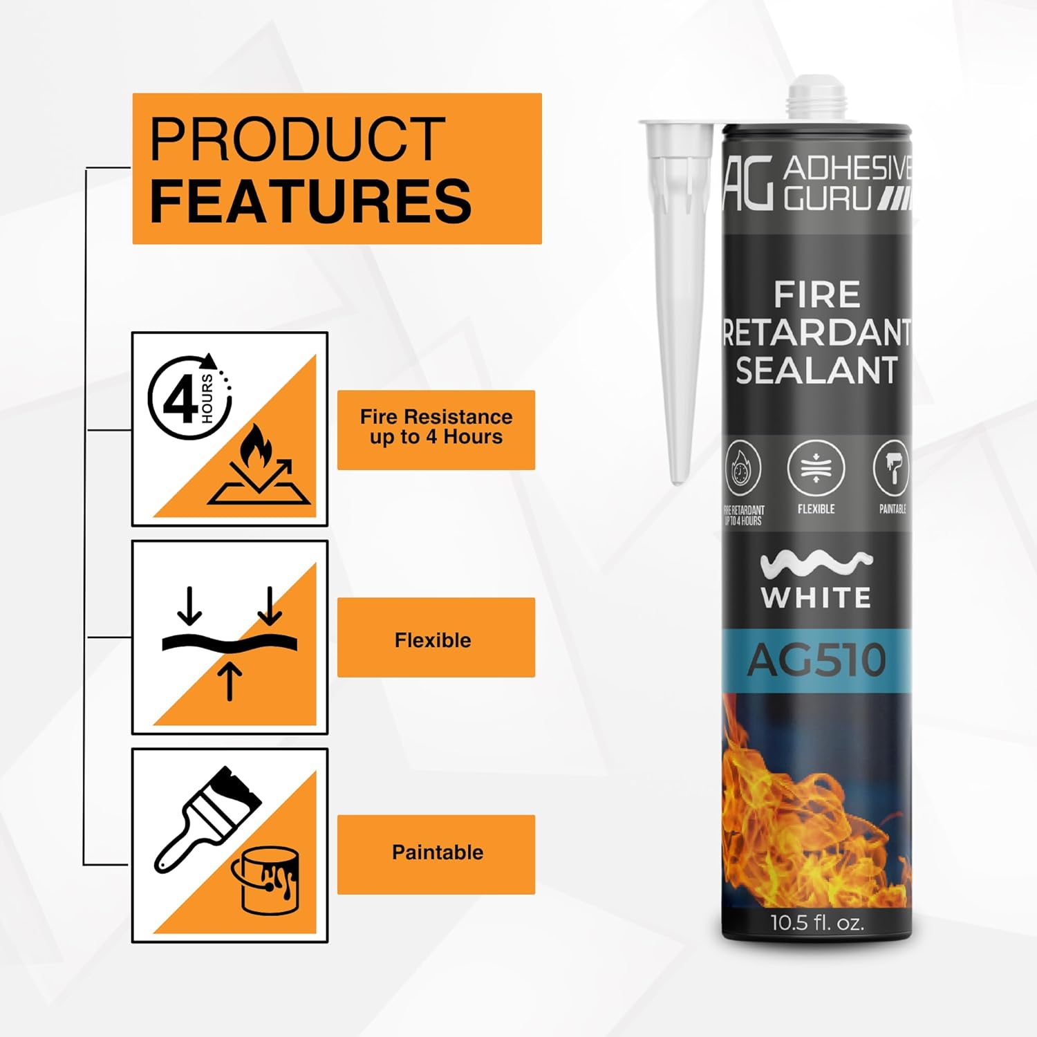 Adhesive Guru AG510 - Fire Retardant Sealant (24x10.5 fl oz), Non-Flammable Heat Resistant Silicone Caulk, Up to 4 Hours Fire Resistant, High Temperature Sealant Solution, White - 24 Pack