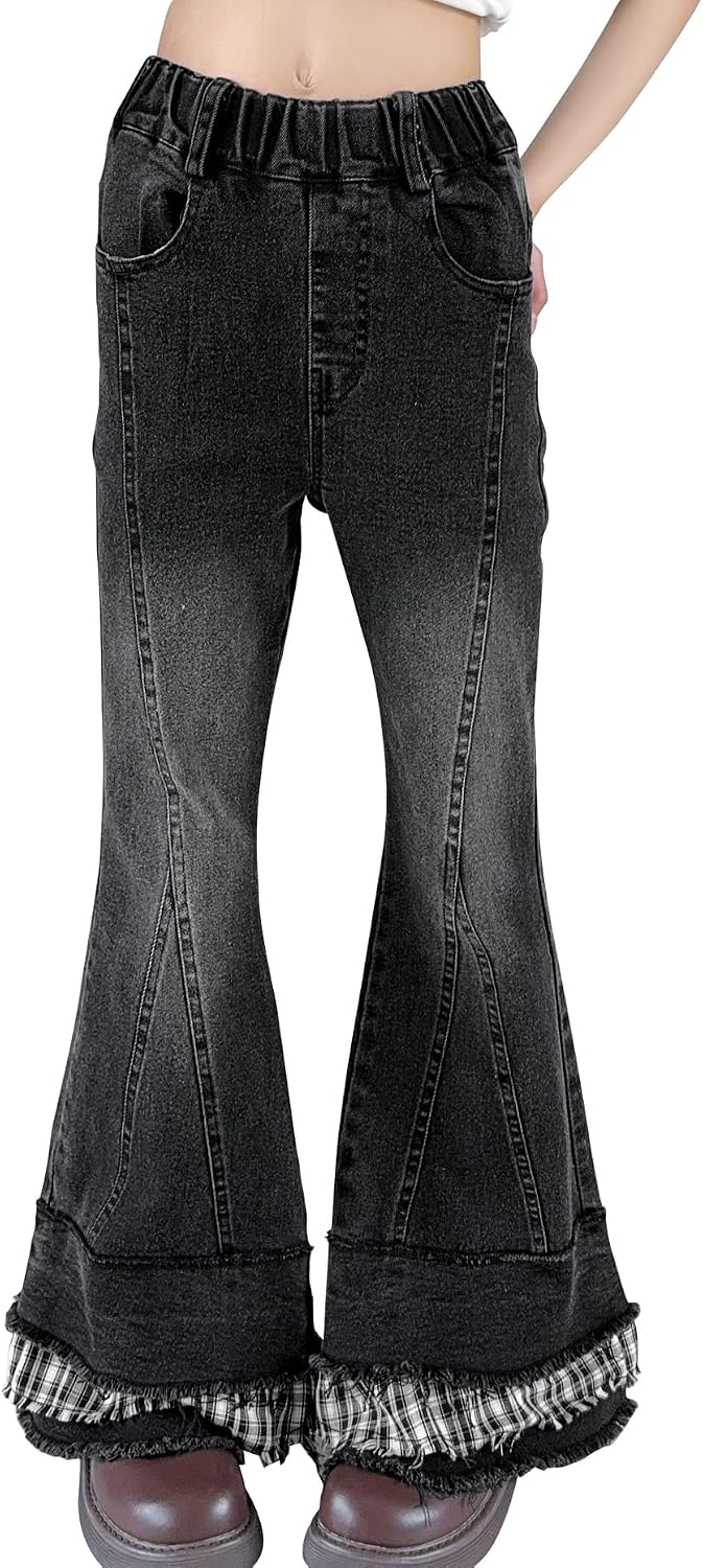 SEAUR Girls Flare Jeans 5-13 Years Old Cute Bow Bell Bottom Pants Elastic Waist Girl Skinny Washed Denim Bottoms with Pockets