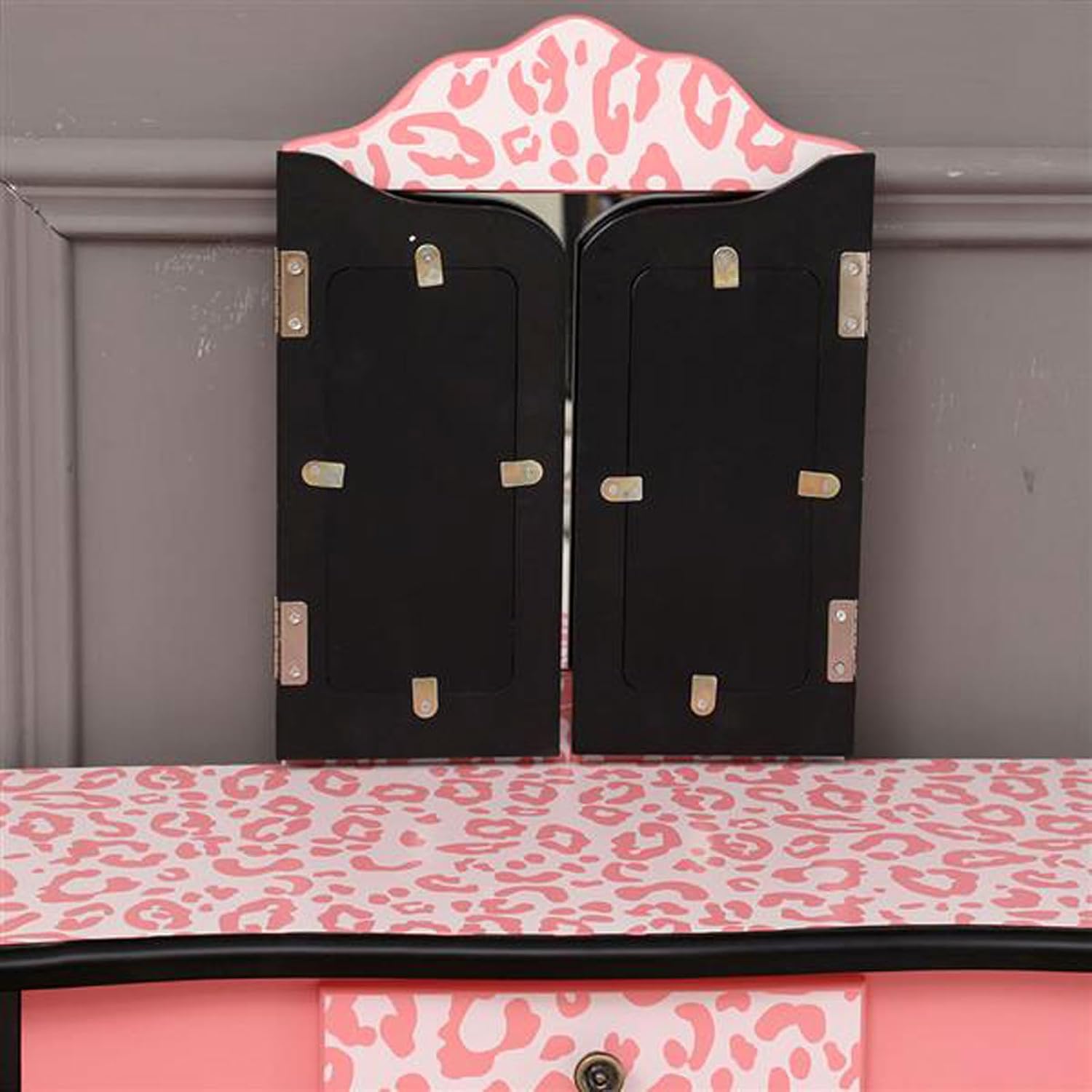 Vanity Desk with Triple Folding Mirror, Red Leopard Print Makeup Vanity Table with 1 Drawers and Soft Cushioned Stool, Modern Dressing Table with Arc Feet, Makeup Table for Women Girls Bedroom