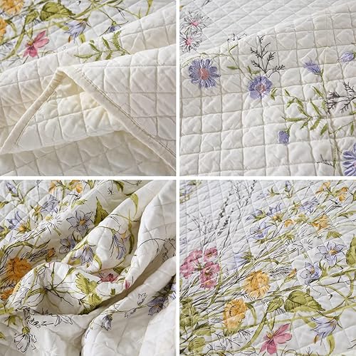 Miniatura 7 de vctops Juego de colcha acolchada de algodón bordado, 3 piezas, tamaño Queen, reversible, flores, hojas, diseño botánico, 1 edredón y 2 fundas de