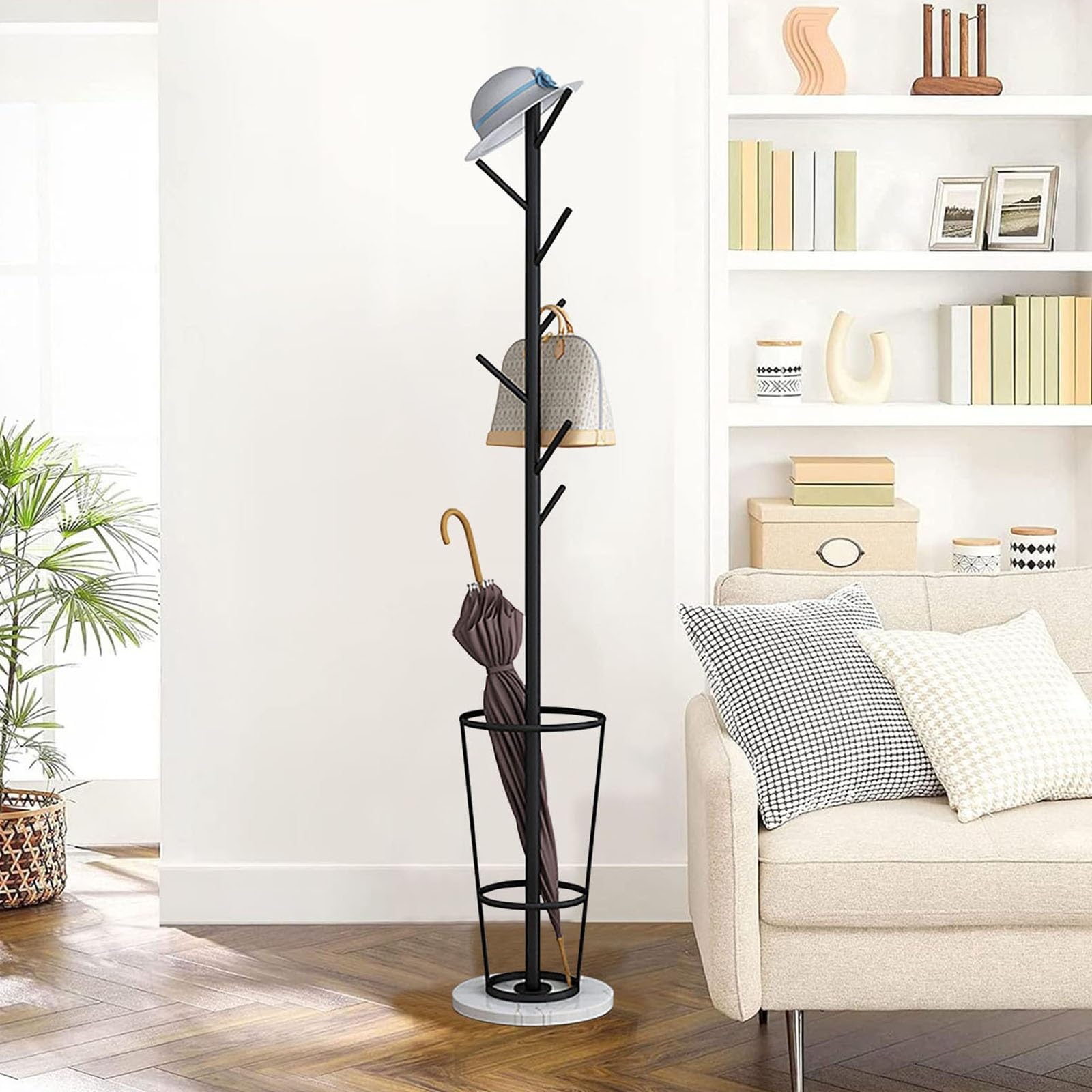 HYLYGFH Entryway Umbrella Holder Stand with Coat Rack and Multiple Hooks Space Saving Design with Solid Marble Base for Stability