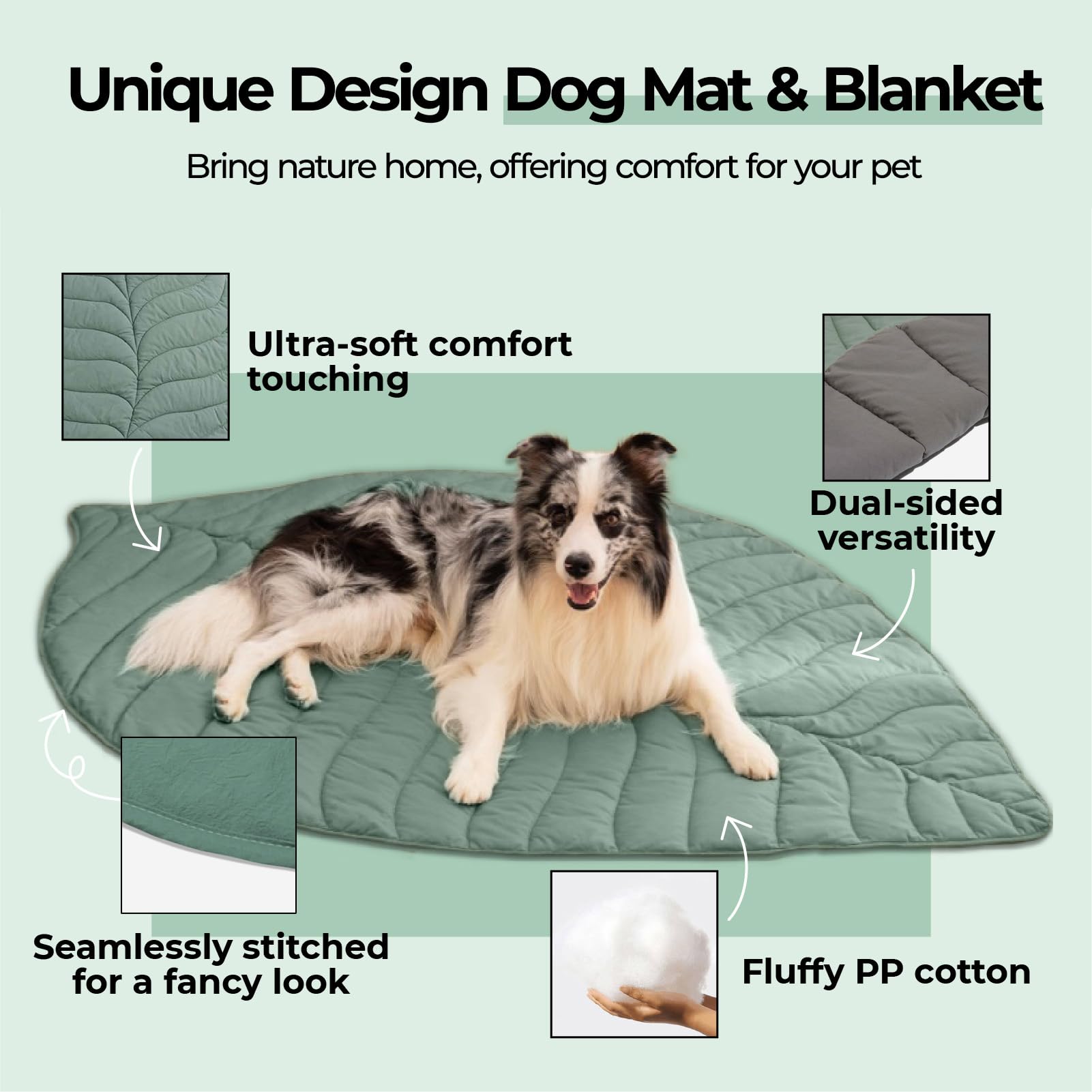 FUNNY FUZZY Coperta per cani e gatti, 106 x 142 cm, con motivo a foglie, lavabile in lavatrice, su entrambi i lati, per letto, divano, pavimenti, mobili, colore: verde olmo