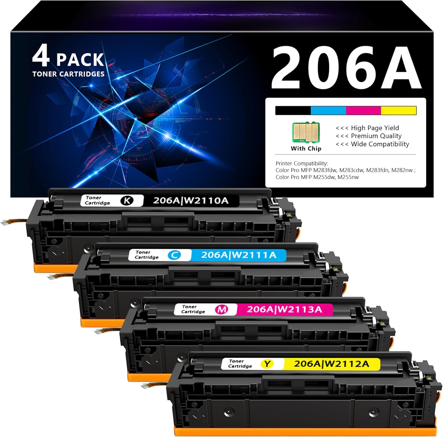206A Toner Cartridges 4 Pack Set :M283fdw M283cdw Replacement for HP 206A 206X for Color Laserjet Pro MFP M283fdw M283cdw M283fdn M282nw Pro M255dw M255nw Printer Ink W2110A W2110X (B/C/Y/M)