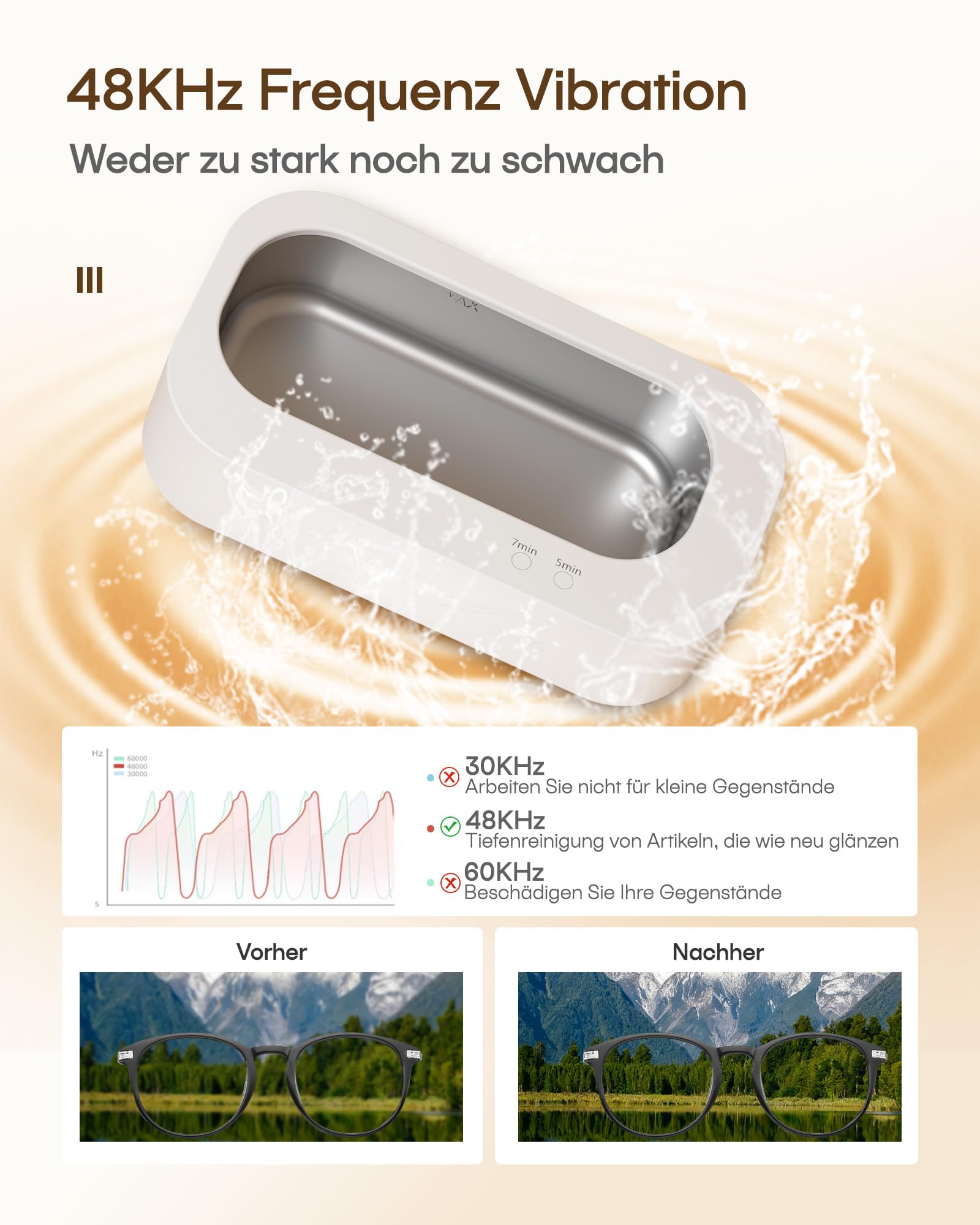 Ultraschallreinigungsgerät, Professionelle 48KHz-Ultraschallreiniger/Brillenreinigungsgerät für Schmuck, Zahnprothese, Halter, 2 Reinigungsmodi/360°Tiefenreinigung,350ML 304 Edelstahltank,Geräuscharm | Ultraschallreiniger für Mundschutz, Aligner, Nachtsch