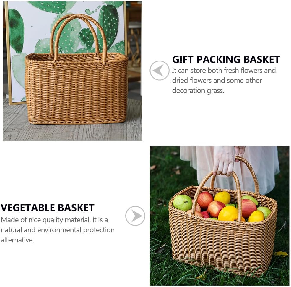 Milisten Picnic Handwoven Basket with Handles: Plastic Shopping Basket Decorative, Reusable Grocery Bag Woven Straw Tote Bag ForHome Outdoor Vegetables Fruit