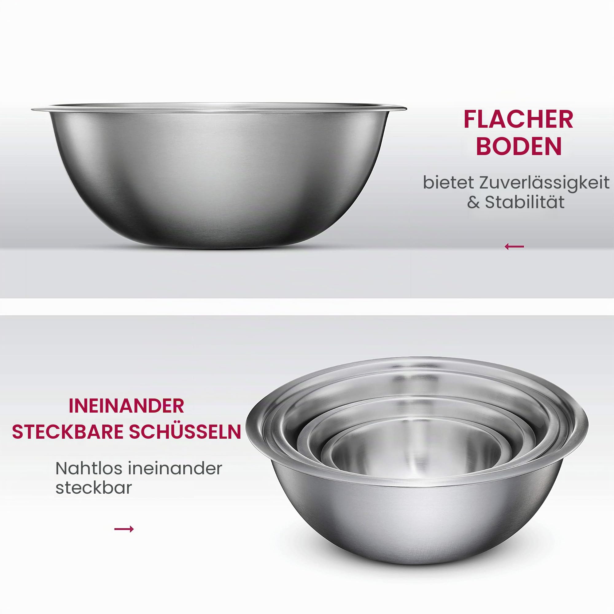 Profiqualität edelstahl schüssel set - Gourmet rührschüssel, stabiler Boden Küche Schüsseln, stapelbar Rührschüssel, Salatschüssel, Leicht zu reinigender spülmaschinengeeignet Servierschüssel (6-teilig)