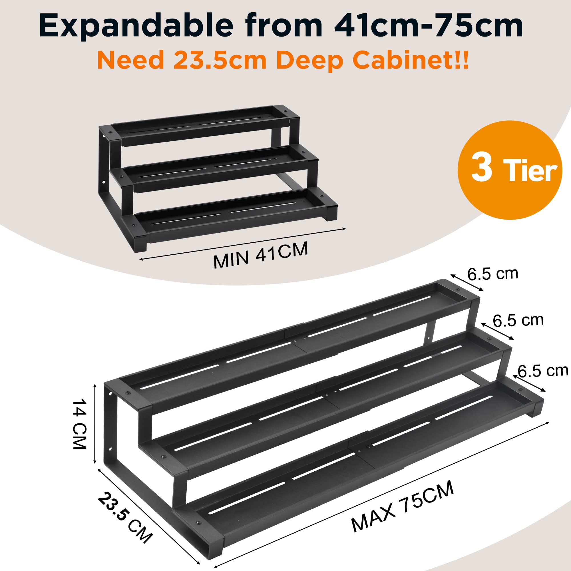 GOENDR 3 Tier Spice Rack for Inside Cupboard 41-75cm Expandable Spice Organiser, Large Seasoning Organizer - Image 2