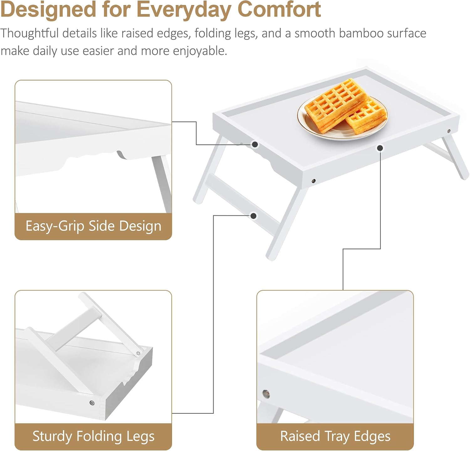 Large Breakfast Tray with Folding Legs Set of 2, 16.9" x 12.2" Bamboo Bed Tray Table with Ergonomic Wave Handles, Foldable TV Dinner Tray for Bed Couch Sofa, Breakfast, Laptop, Coffee,White