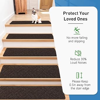 Non-Slip Stair Treads for Wooden Steps,15 Pack 8 X 30 Carpet Stairs Treads Indoor with Reusable Peel and Stick Adhesive for Elders and Pets,Polyester TPR Backing