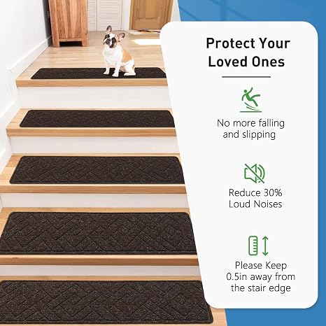 Non-Slip Stair Treads for Wooden Steps,15 Pack 8 X 30 Carpet Stairs Treads Indoor with Reusable Peel and Stick Adhesive for Elders and Pets,Polyester TPR Backing