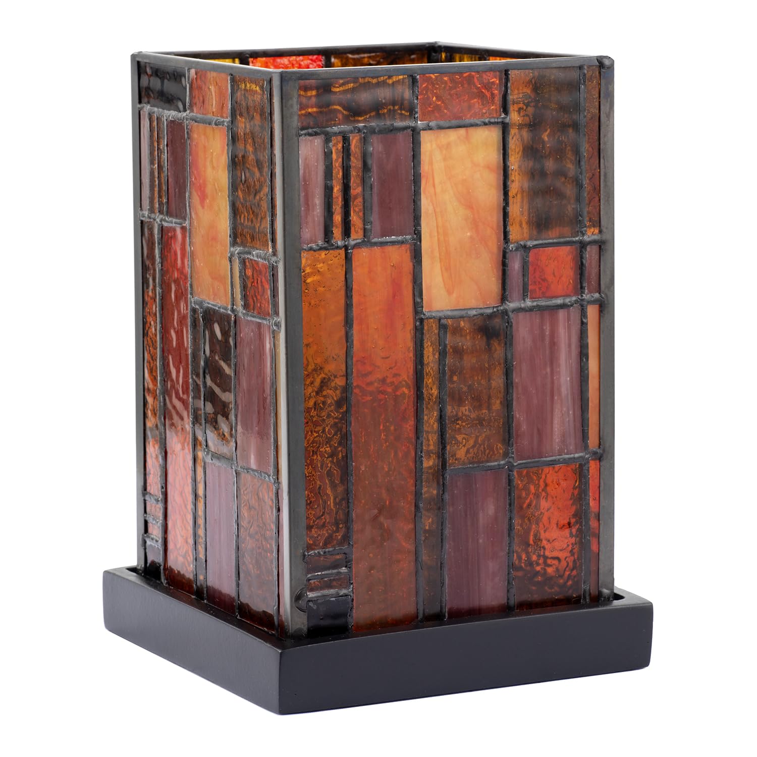 Happy Homewares Designer Art Deco Tiffany Glass Table Lamp in Orange and Dusty Red | 20cm x 13cm | Matte Black Resin Base with Inline Switch