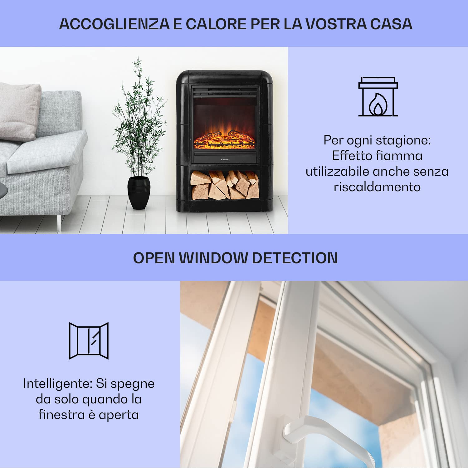 Klarstein Camino Elettrico, Camino da Terra con Mensola, Riscaldamento Elettrico con Fiamma LED, Caminetto Elettrico 1800W, Camino Finto con Telecomando, Timer, Controllo Temperatura, Termocamino
