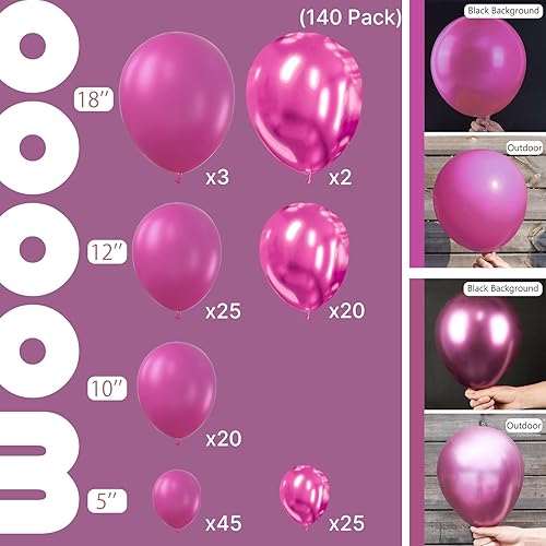 Miniatura 5 de PartyWoo Globos metálicos de color rosa intenso, 140 piezas de diferentes tamaños de 18, 12, 10, 5 pulgadas, kit de arco de globos de látex para