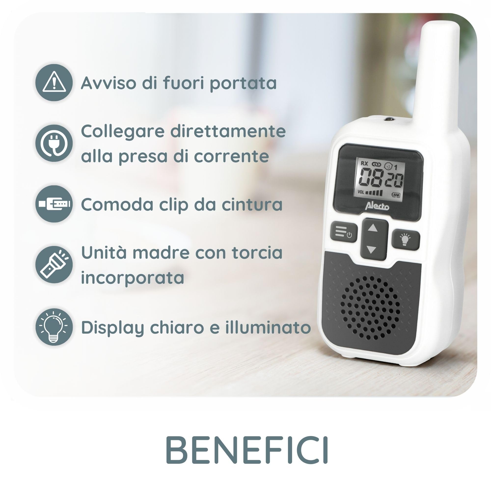 Alecto DBX80 monitor a lungo raggio 3000 metri standby 9 ore VOX bianco