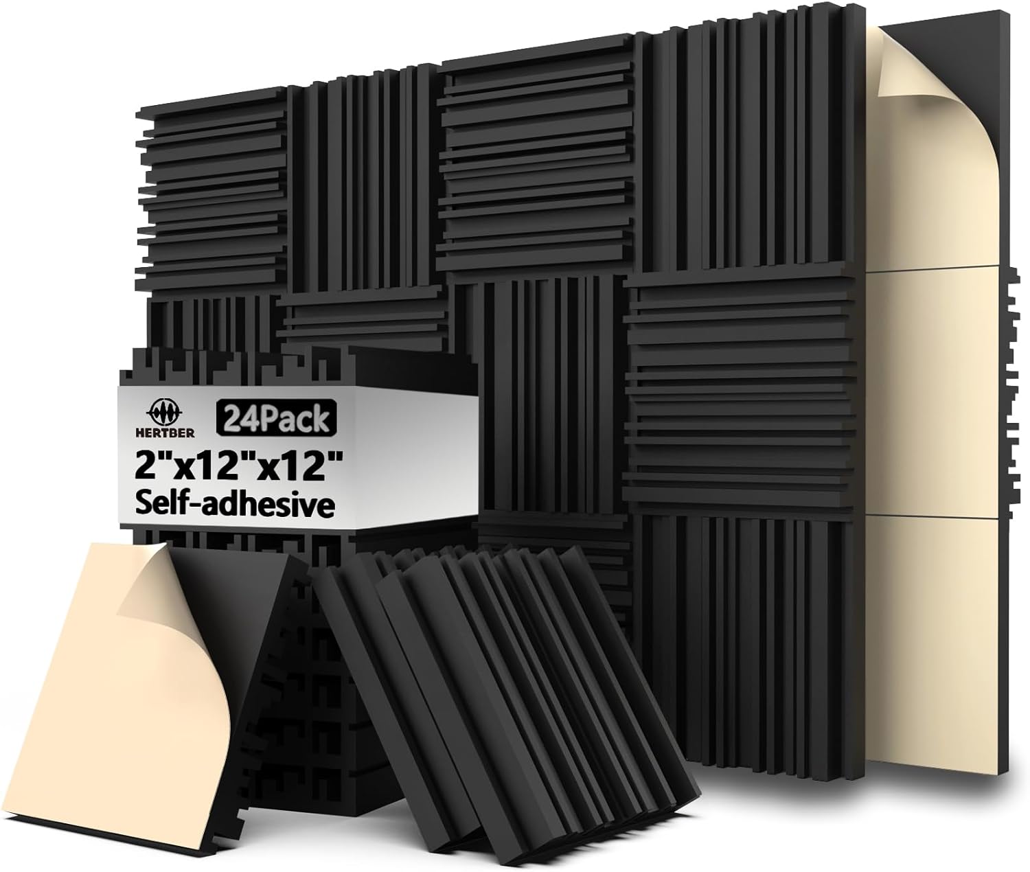 24 Pack Acoustic Foam Panels, Self-adhesive Grooved Black Sound Proofing Panels, 12x12x2 Inches, High Density Sound Proof Foam Panels for Walls, Studio Recording, Office, Home
