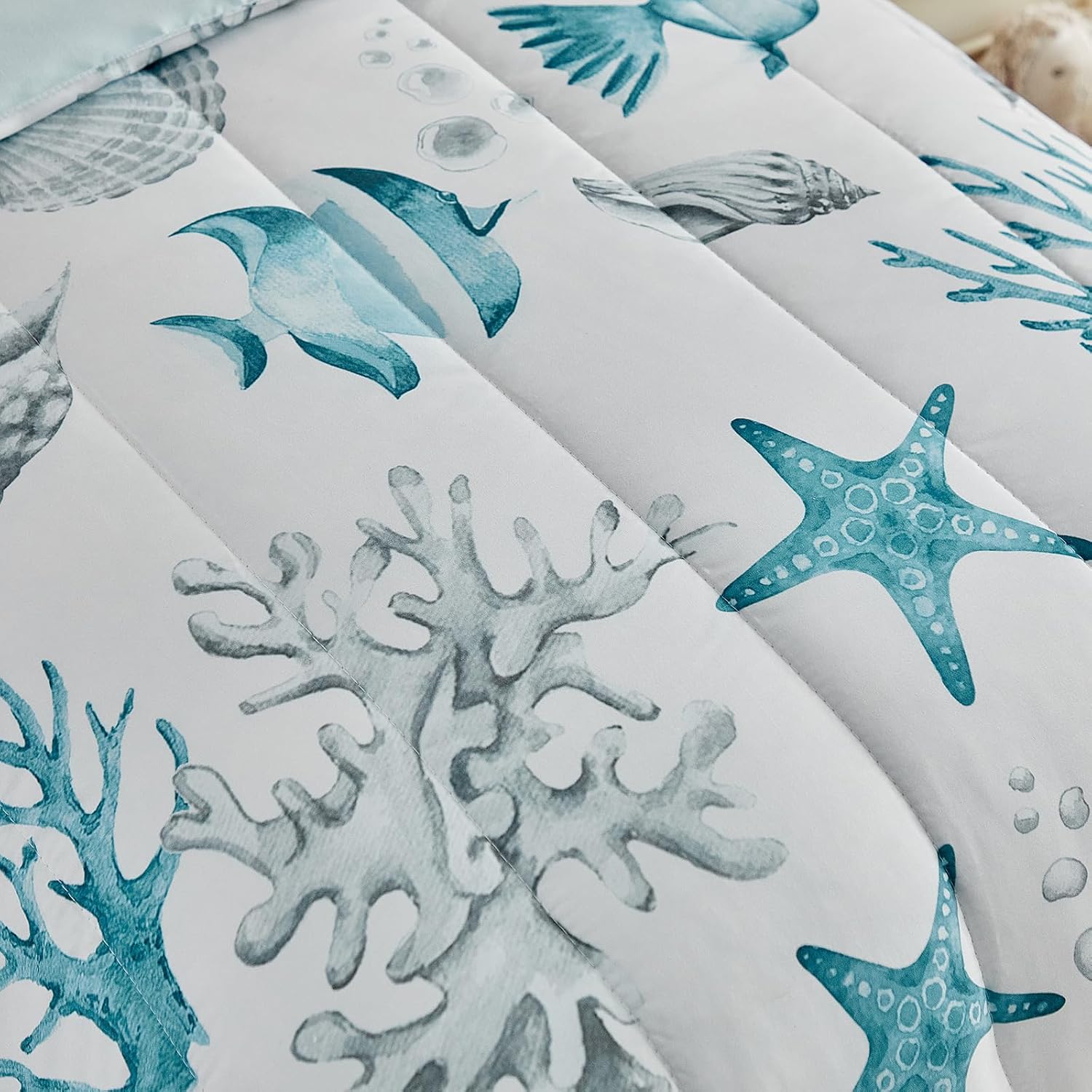 White Toddler Bedding Set for Boys Girls Water Blue Colorful Ocean Starfish Shell Aquatic Plant 4PC Toddler Bed Set - Soft Blue Cute Toddler White Bed in a Bag with Sheet Set and Pillow Shams