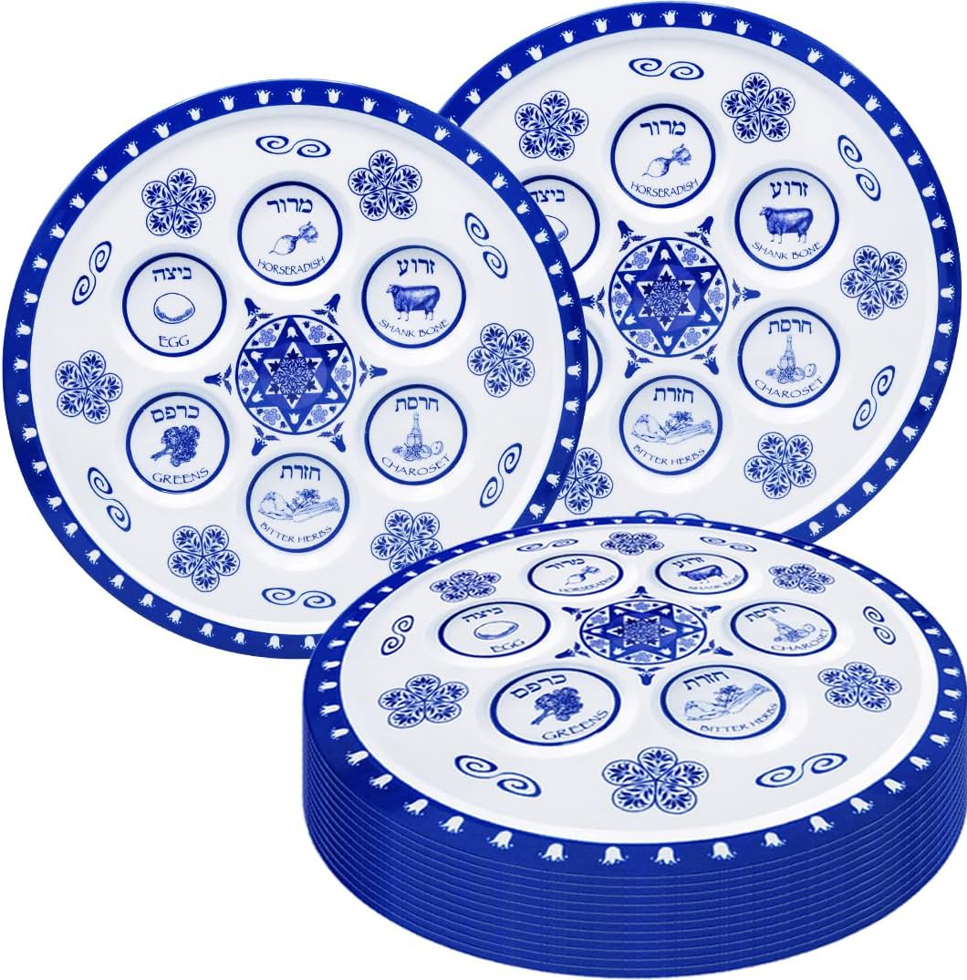 The Dreidel Company Passover Seder Plate, 6-Pack Passover Plate Melamine Renaissance Design Pesach Seder Plates, Round Seder Tray for Adults, Children, 12" Inches