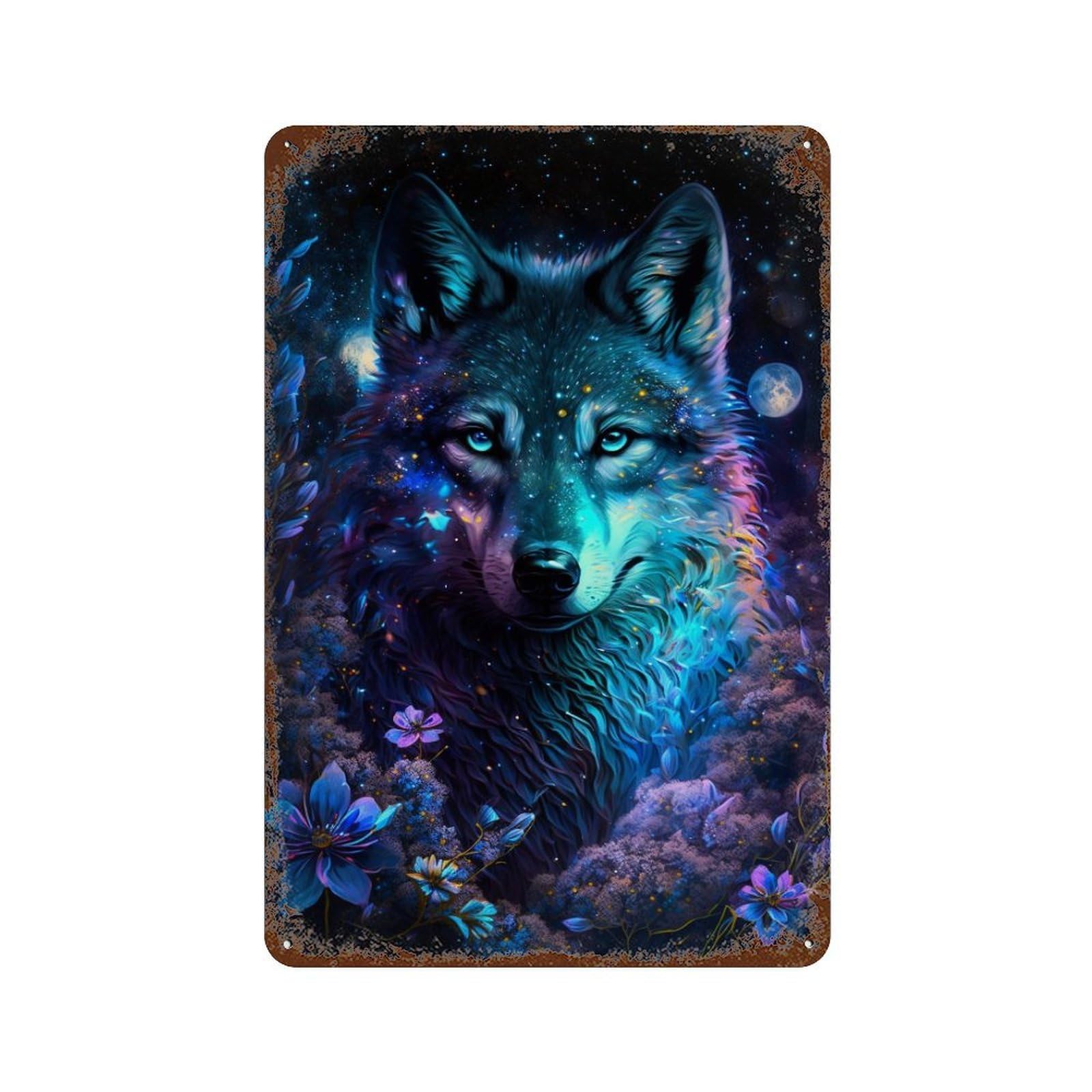 Retro Metal Sign with Galactic Wolf Fantasy Artwork Design 11.8"x7.9", for Shed, Workshop And Garage Wall Decor, Old School Wall Decor