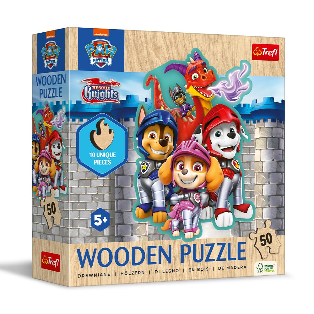 Trefl - Puzzle in Legno: PAW Patrol, Le Avventure della Squadra di Cuccioli - 50 Pezzi, Puzzle ad Incastro Wooden Puzzle, Forme Irregolari, 10 Personaggi, per Bambini dai 5 anni