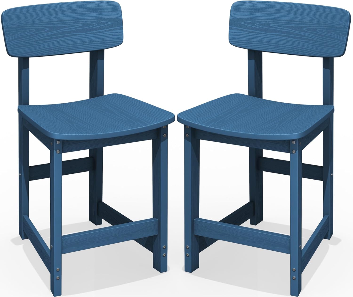 SERWALL HDPE Outdoor Counter Height Bar Stools Set of 2 with Back, All-Weather 25" Armless Patio Barstools for Garden, Balcony, Poolside - Blue