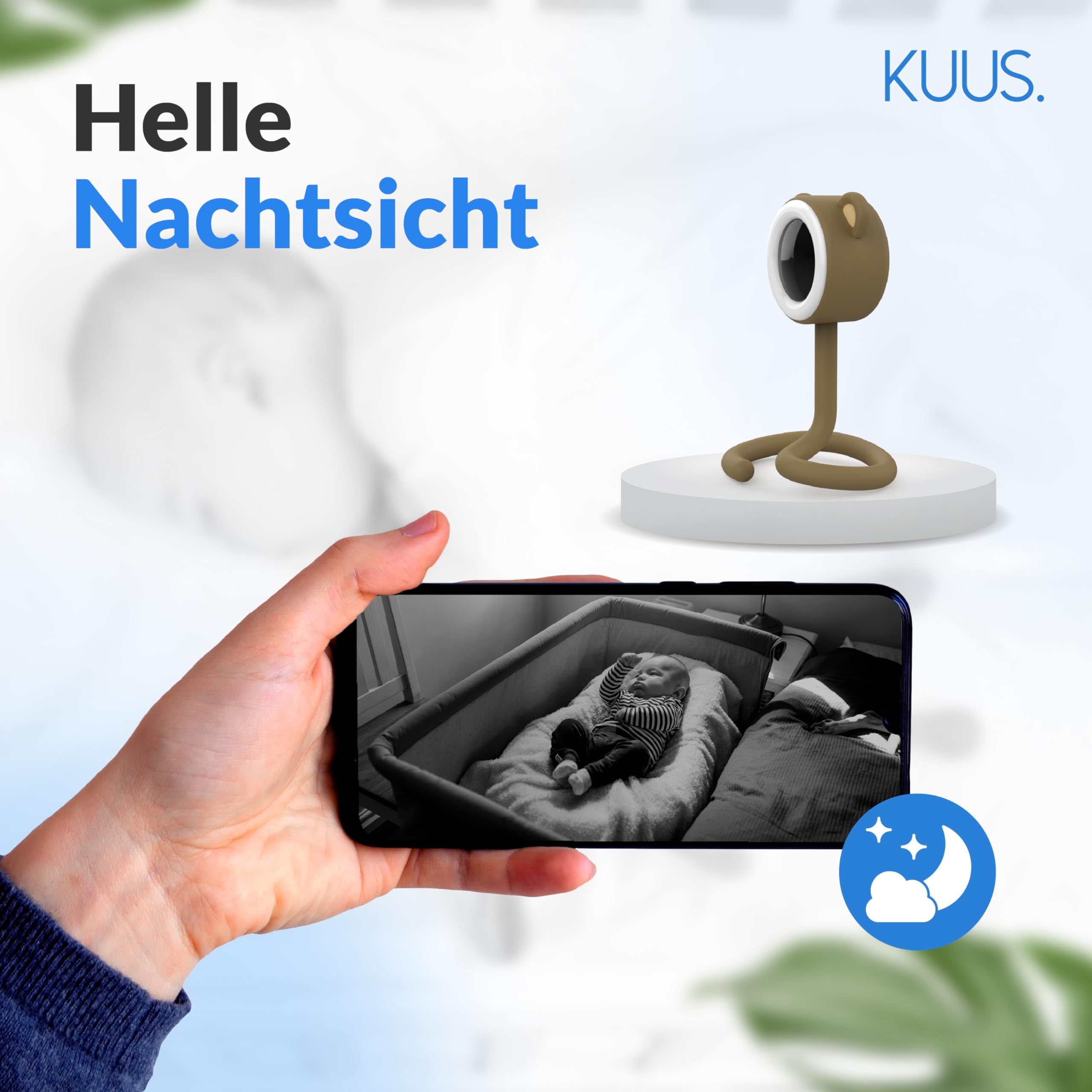 KUUS. Babyphone mit Kamera und APP 2K, Babyphone ohne Monitor WLAN mit App, Nachtlicht. Weißes Rauschen, White Noise Einschlafhilfe, BabyKamera