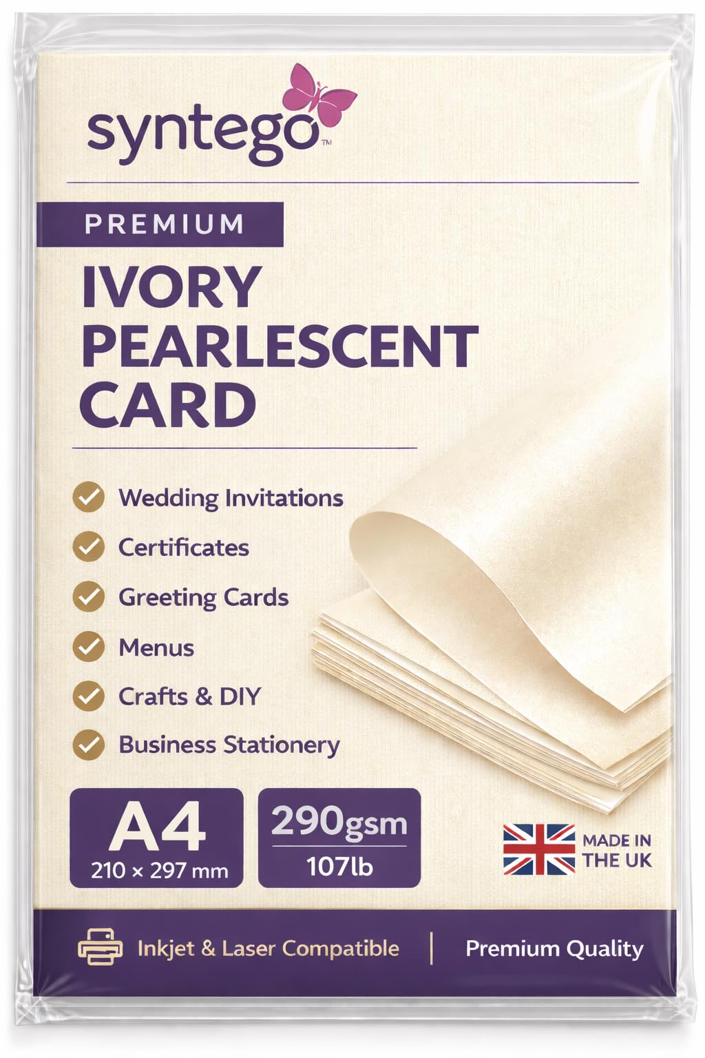 Syntego A4 Pearlescent Card โ 290gsm / 107lb Double-Sided Metallic Cardstock for Invitations, Certificates, Crafts, Wedding Stationery & Professional Printing (50, Ivory) โ image 1