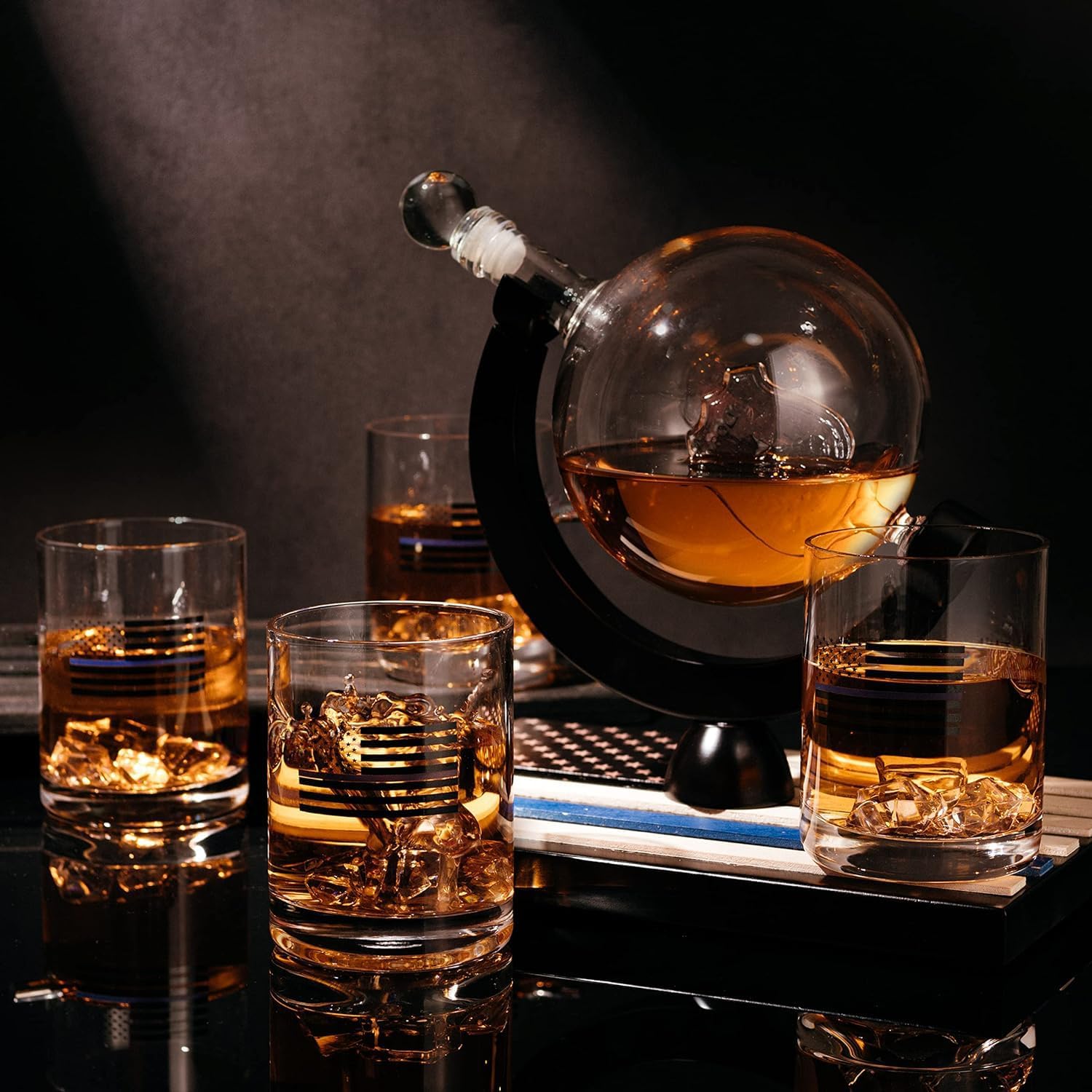 Police Officers Decanter - Whiskey and Wine Set 850ml & Four 10oz Glasses, Thin Blue Line Flag Base - Law Enforcement & Police Academy, Gift Set First Responders! Gifts for Dad - Image 6