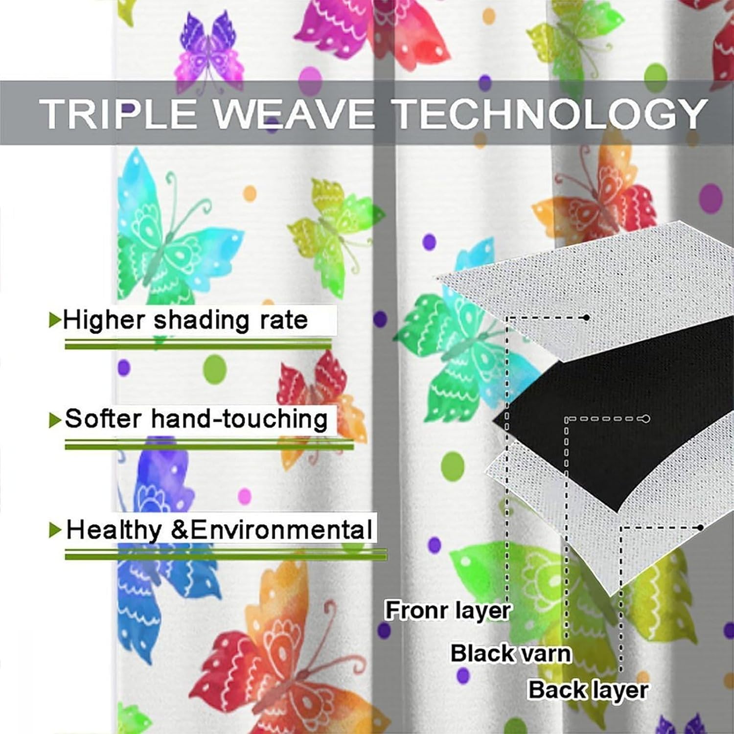 Colorful Butterfly Curtains, Watercolor Colorful Window Treatments for Kids Girls Bedroom Nursery Room Kitchen Rod Pocket Windows Treatments Door, 42x45 Inch 2 Panels