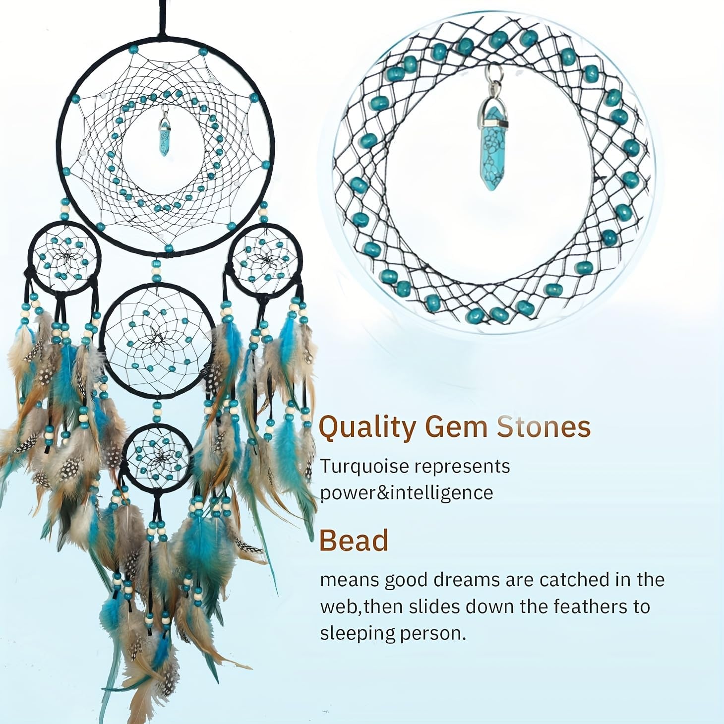 Bohemian 5 Rings Turquoise Dream Catchers with Turquoise Pendant Handmade Native American Style Wall Hanging Decor for Bedroom, Living Room, Boho Home Decor & Gift(Black 5 Rings)