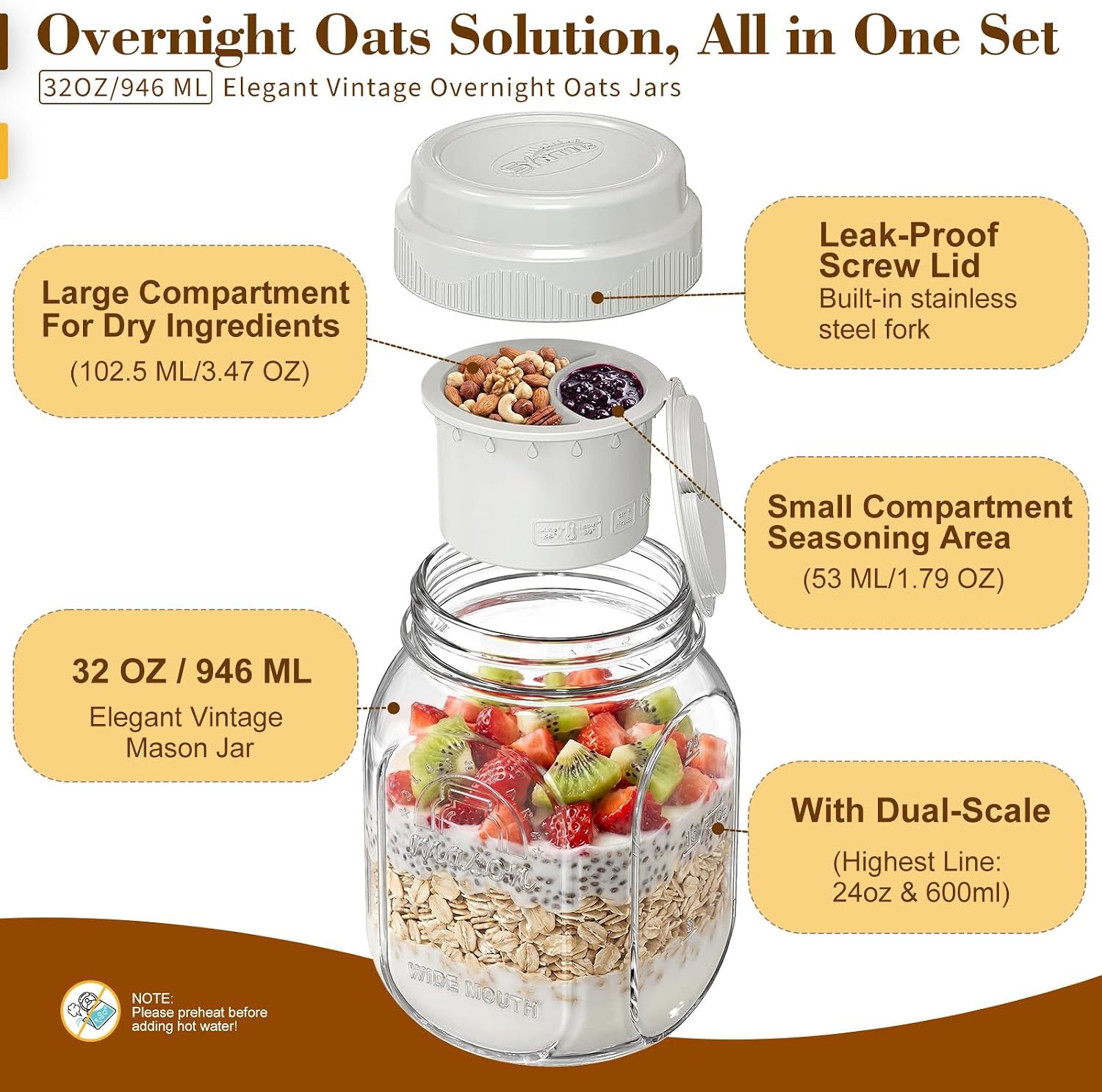 Syntic 32 Oz Glass Overnight Oats Container with Silicone Divider image 3