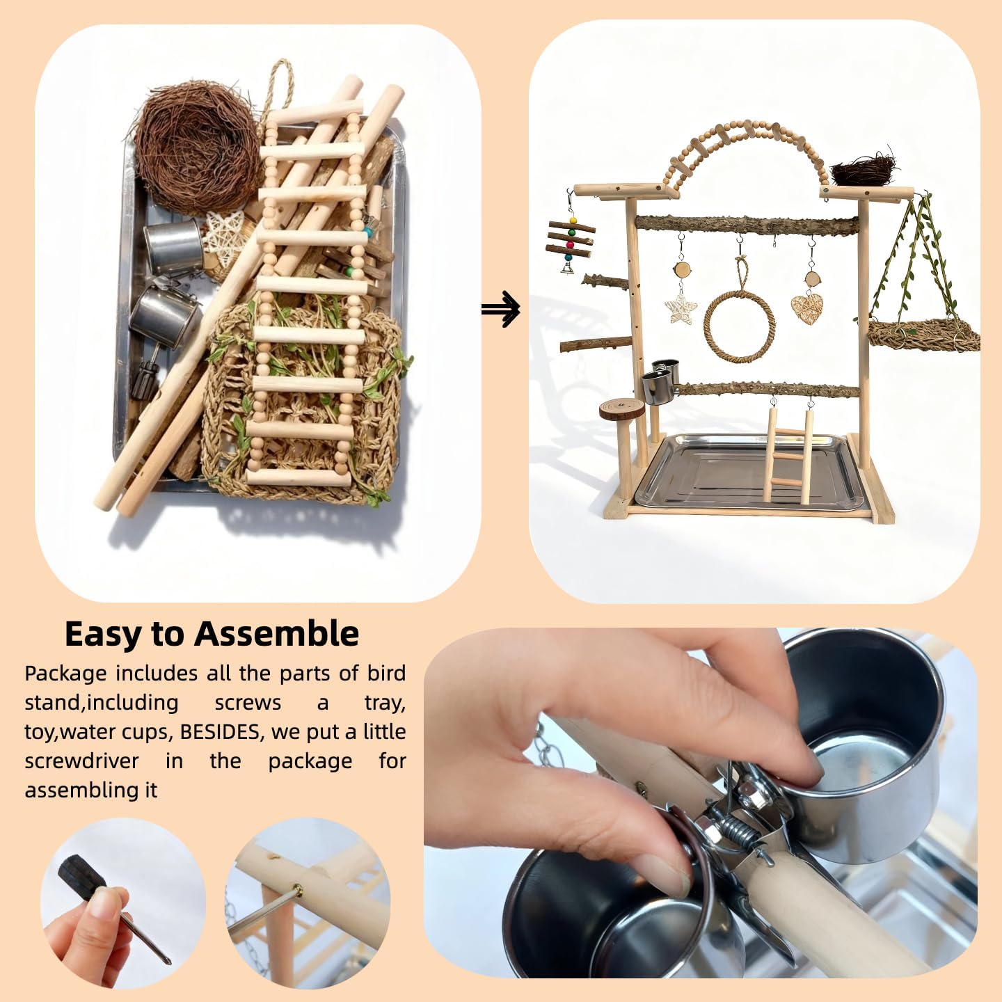 Multi-Level Bird Play Stand with Rope & Bell Toys | Natural Wooden Parrot Play Stand with Ladder & Swing | Ideal for Small to Medium Birds | Great for Cockatiels & Parakeets