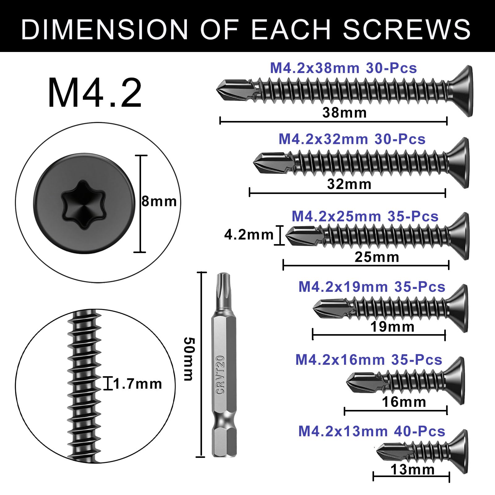 FandWay 205 Pcs Torx Self Tapping Screws Metal,M4.2x13~38mm Torx Countersunk Self Drilling Screws,Flat Head Sheet Metal Tek Screw 410 Stainless Steel Black Coating With 1 T20 Bits For Metalwork - Image 3