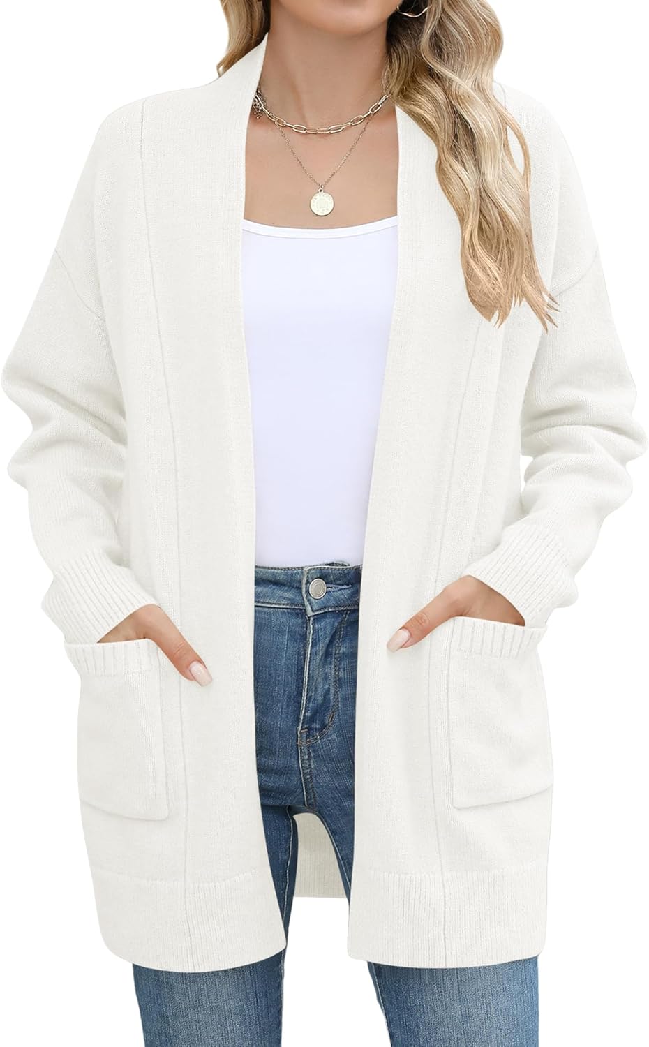 Micoson Women's Long Sleeve Open Front Knit Cardigan Sweaters 2025 Casual Loose Jacket Coat with Pockets