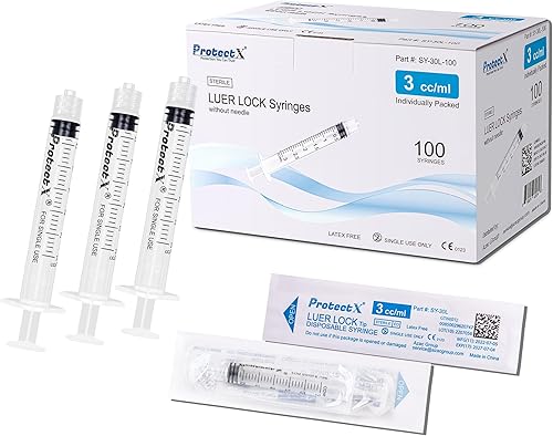 ProtectX Jeringa de laboratorio desechable Luer Lock de 0.1 fl oz (sin aguja), sellada individualmente, dispensación suave y precisa para