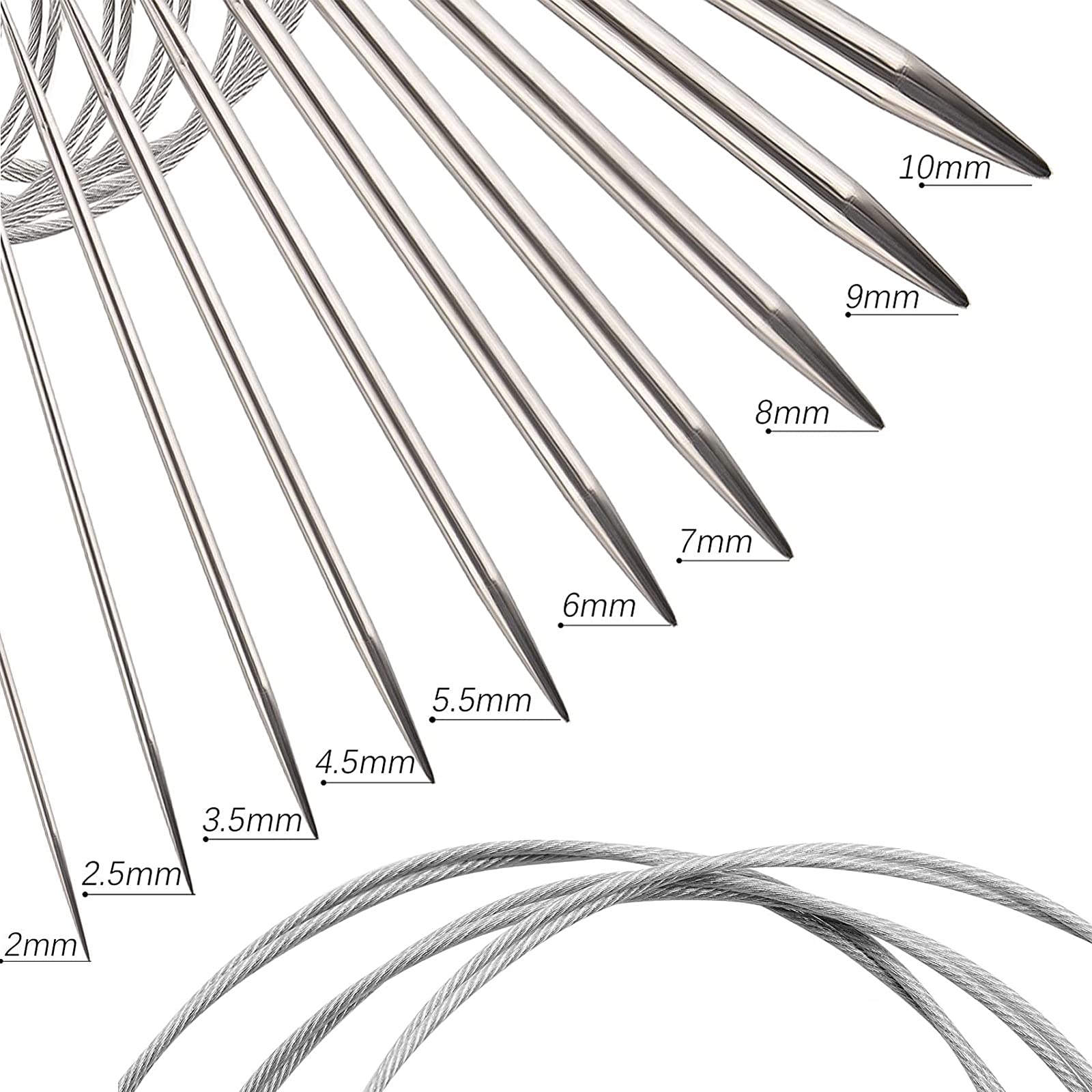 10 Pièces Aiguilles à Tricoter Circulaire, Jeu D'aiguilles à Tricoter, 80cm Aiguilles à Tricoter Acier Avec Fil Double Pointe Pour Tissage Chandail Chapeau 2/2,5/3,5/4,5/5,5/6/7/8/9/10 Mm