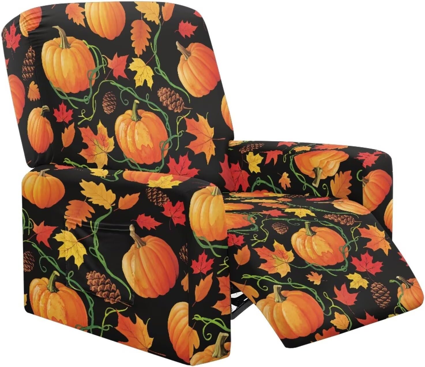 FOR U DESIGNS Maple Leaf Pumpkin Recliner Cover Set with Elastic Loops Non-Slip Washable Slipcover for Living Room Reclining Chairs Easy to Install Thanksgiving Home Decor
