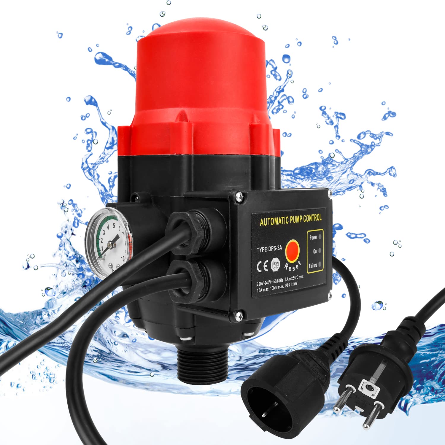 Ikodm Commande de pompe avec indicateur de bar et câble, Pressostat de 10 bar Marche/Arrêt Automatique Pression d'eau Constante pour Jardin Maison, Contrôle la pression de l'eau, Rouge